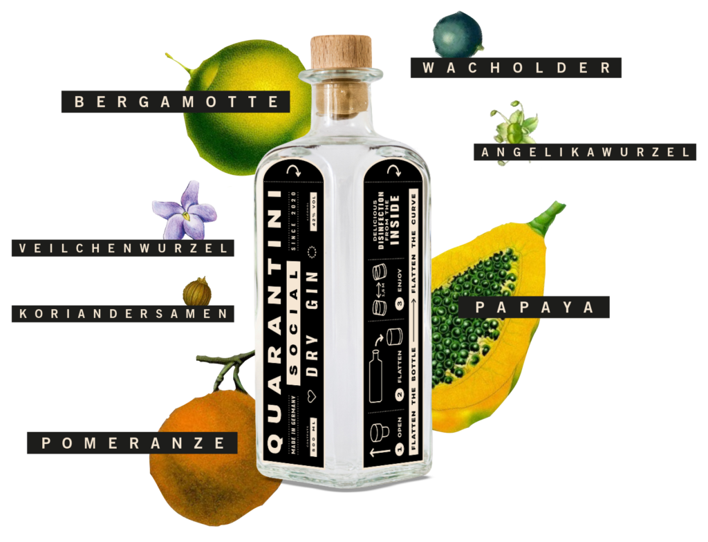 Flasche Quarantini Social Dry Gin mit Botanicals